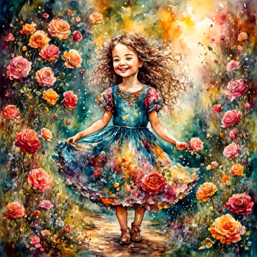 Chibi Girl in Rose Dress, Watercolor Spring Garden