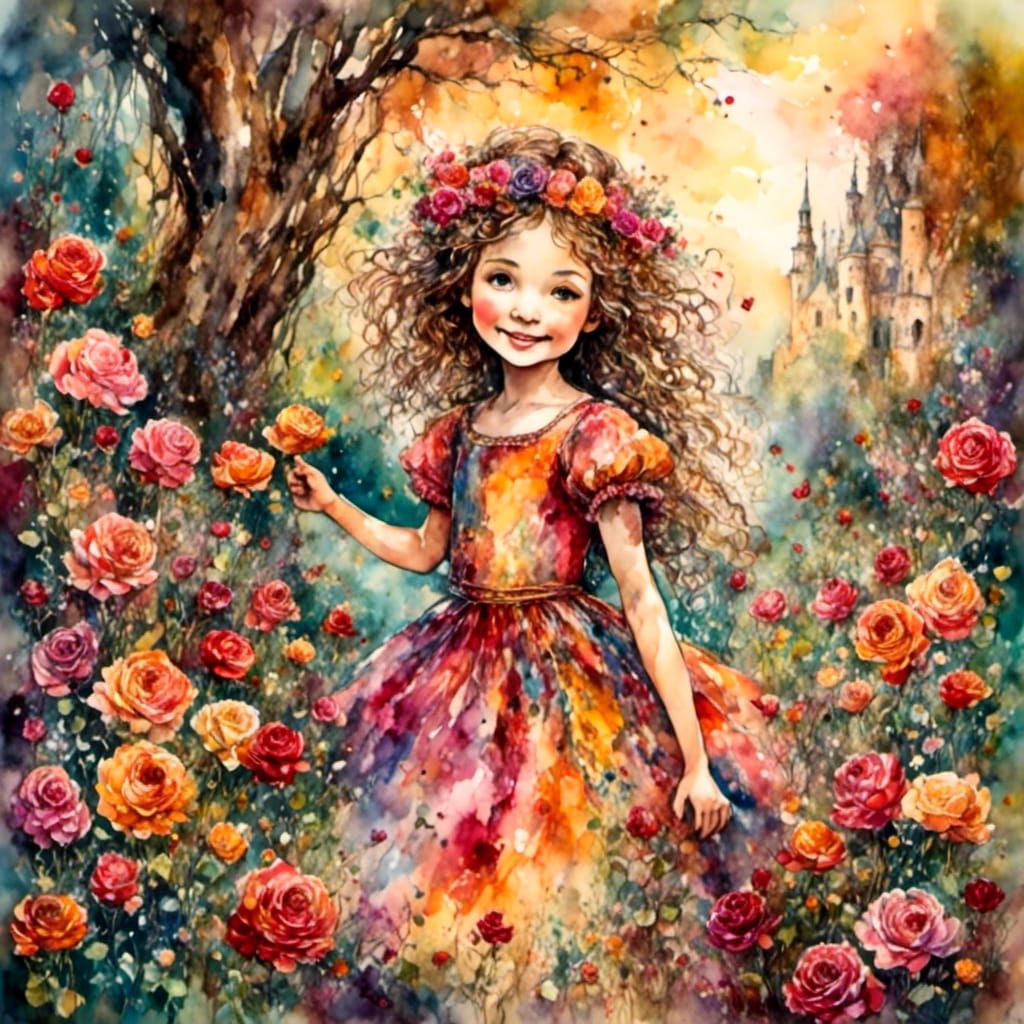 Chibi Girl in Rose Dress Laughing in Spring Garden