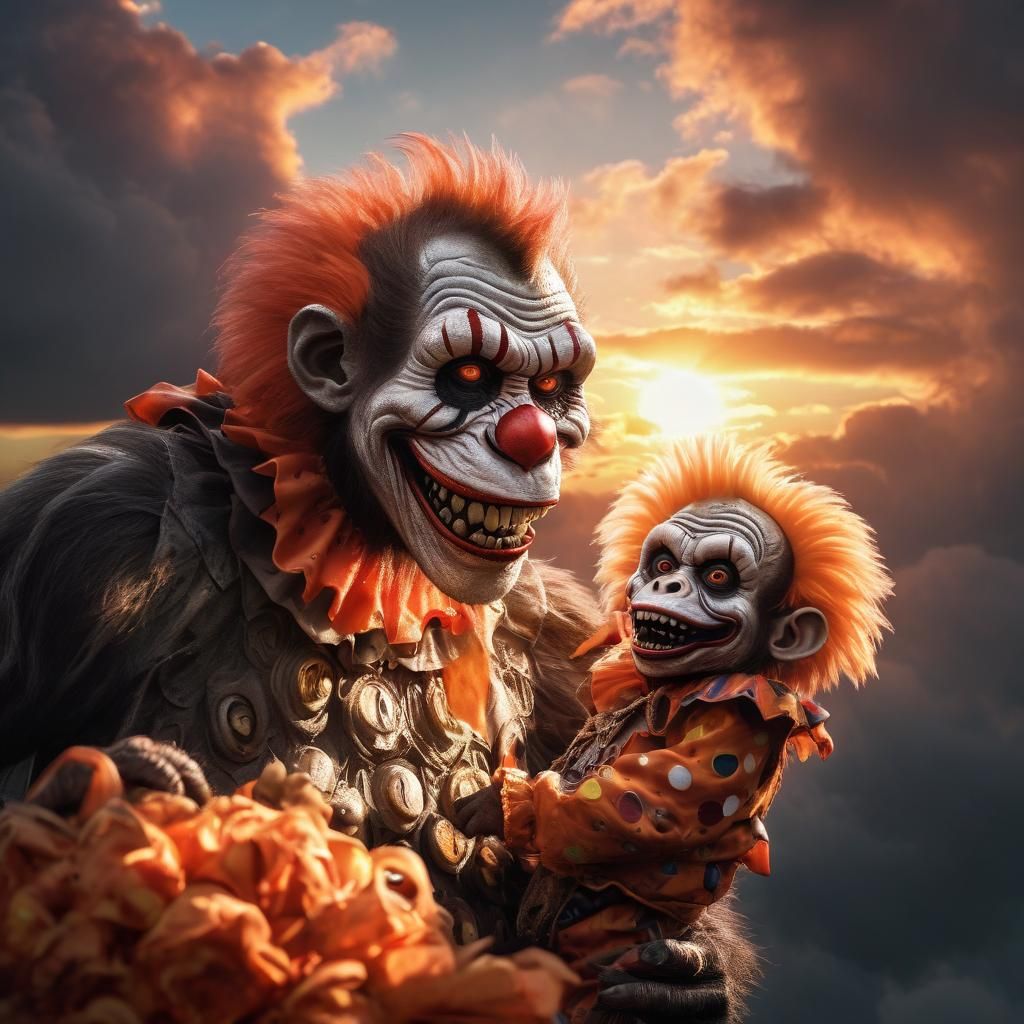 Maniacal Monstrous Mother and Child in Vibrant Orange Sunris...