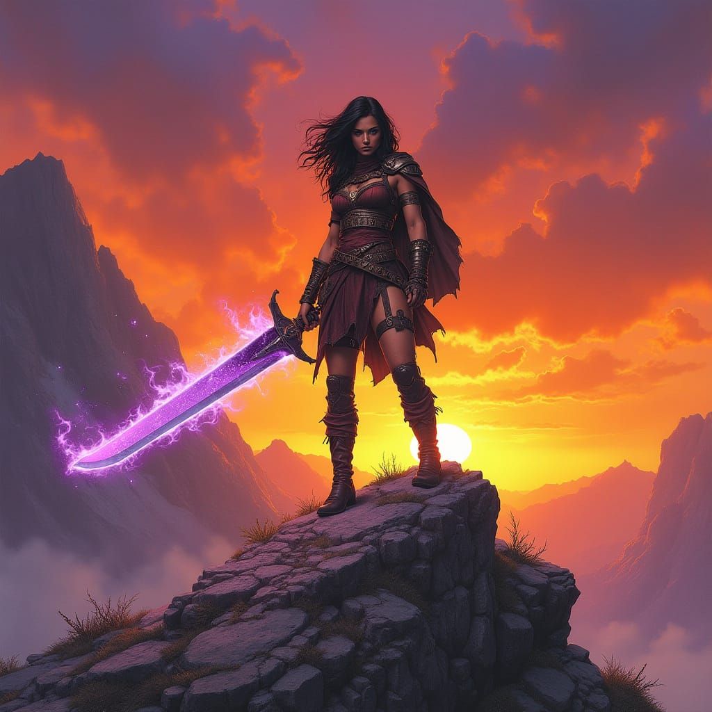 Epic Fantasy Warrior Unleashes Power in Sunset Battleground