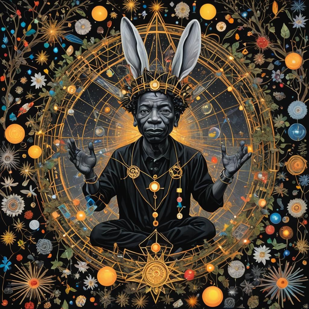 Hyperrealistic Mandala with Bugs Bunny and Metatron Cube