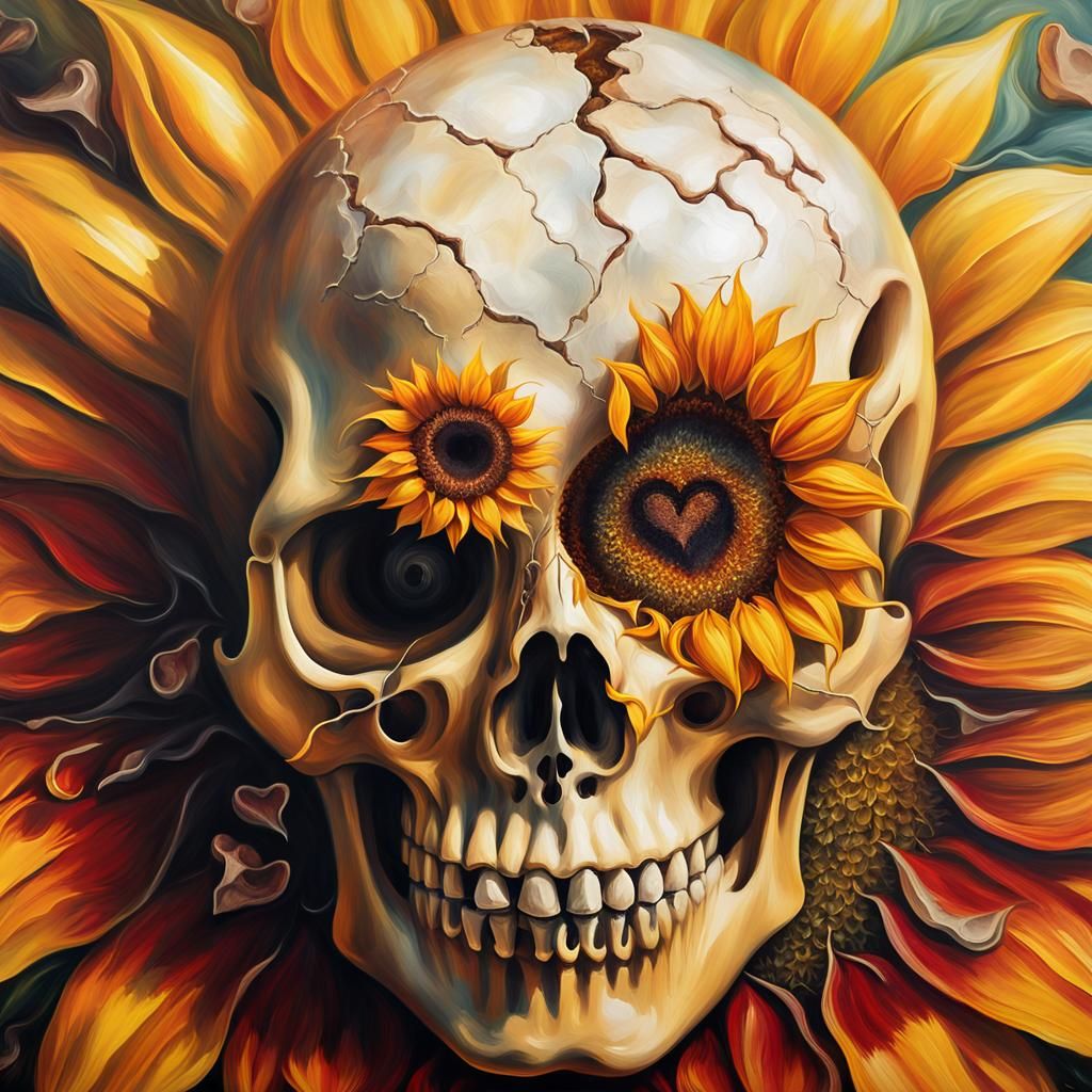 Surreal Sunflower Heart Skull Oil Painting