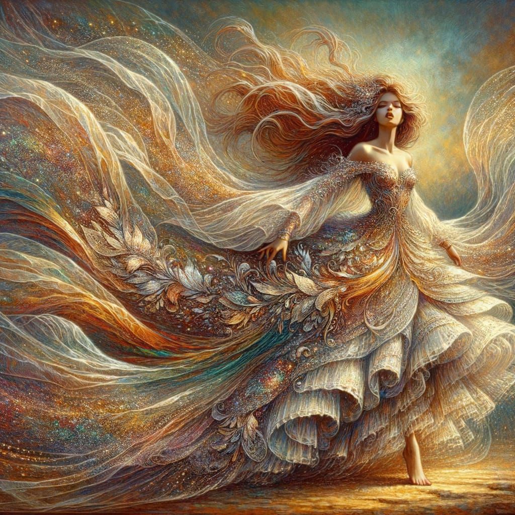 Woman on Cliff in Flowing Dress, Romantic Style