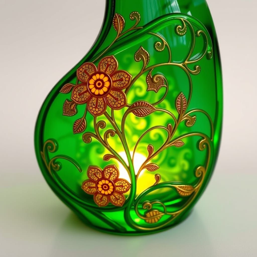 Emerald Art Nouveau Bottle with Floral Accents