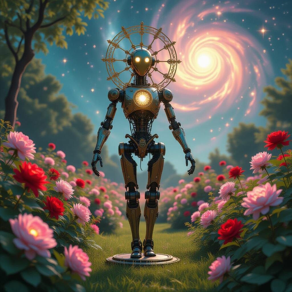 Art Nouveau Automaton in Bioluminescent Garden