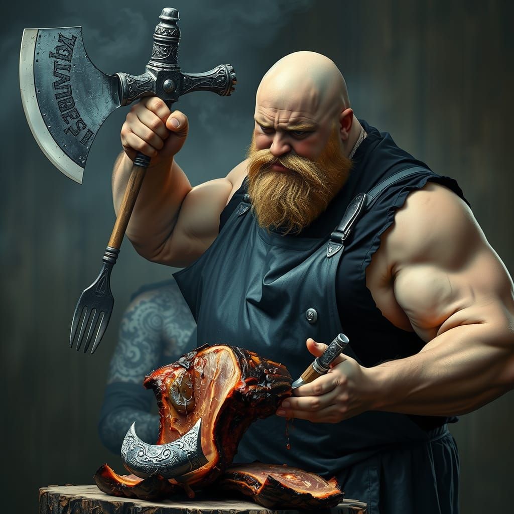 Hyperrealistic Viking Chef Pulling Smoked Pork
