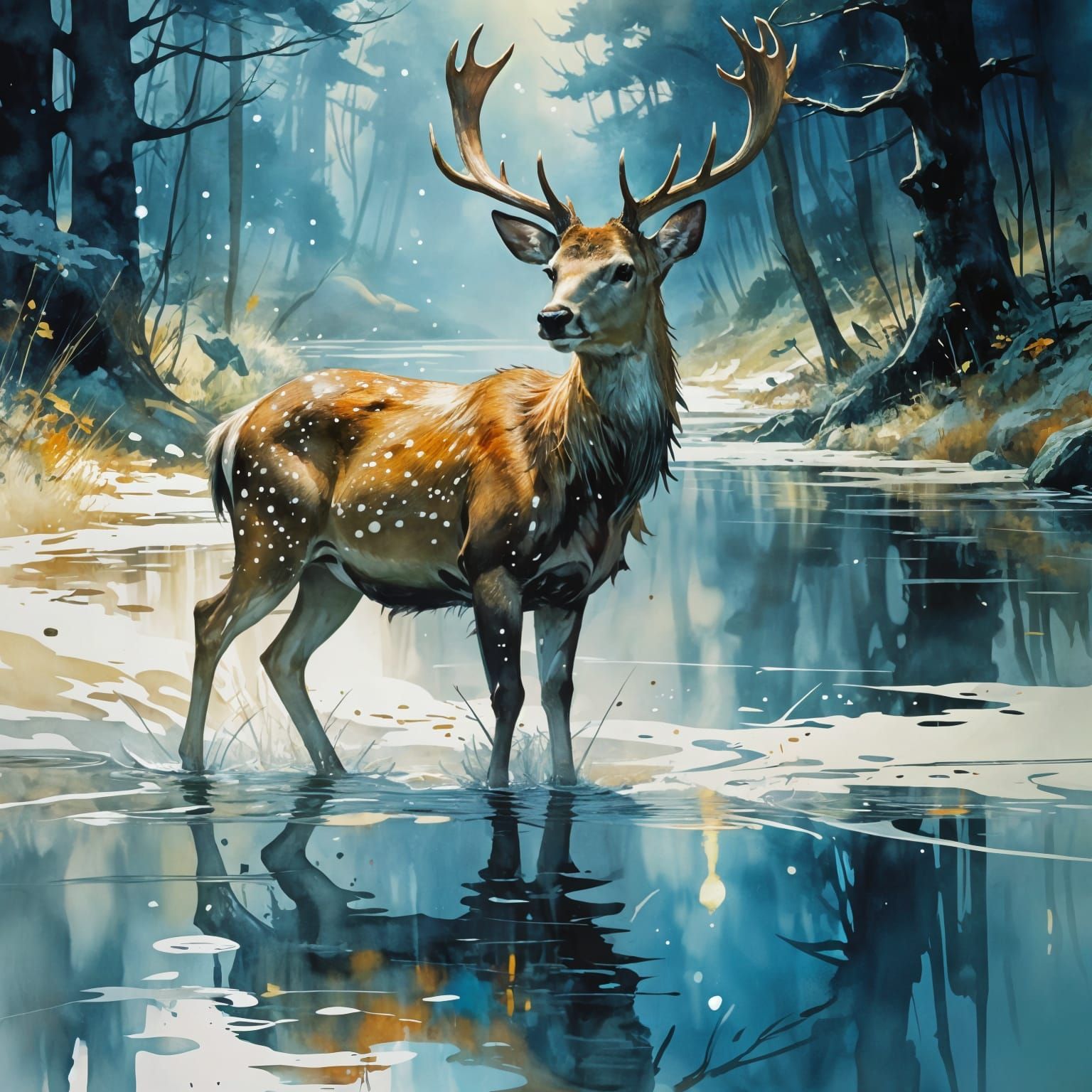Vibrant Watercolour Deer in Forest Creek