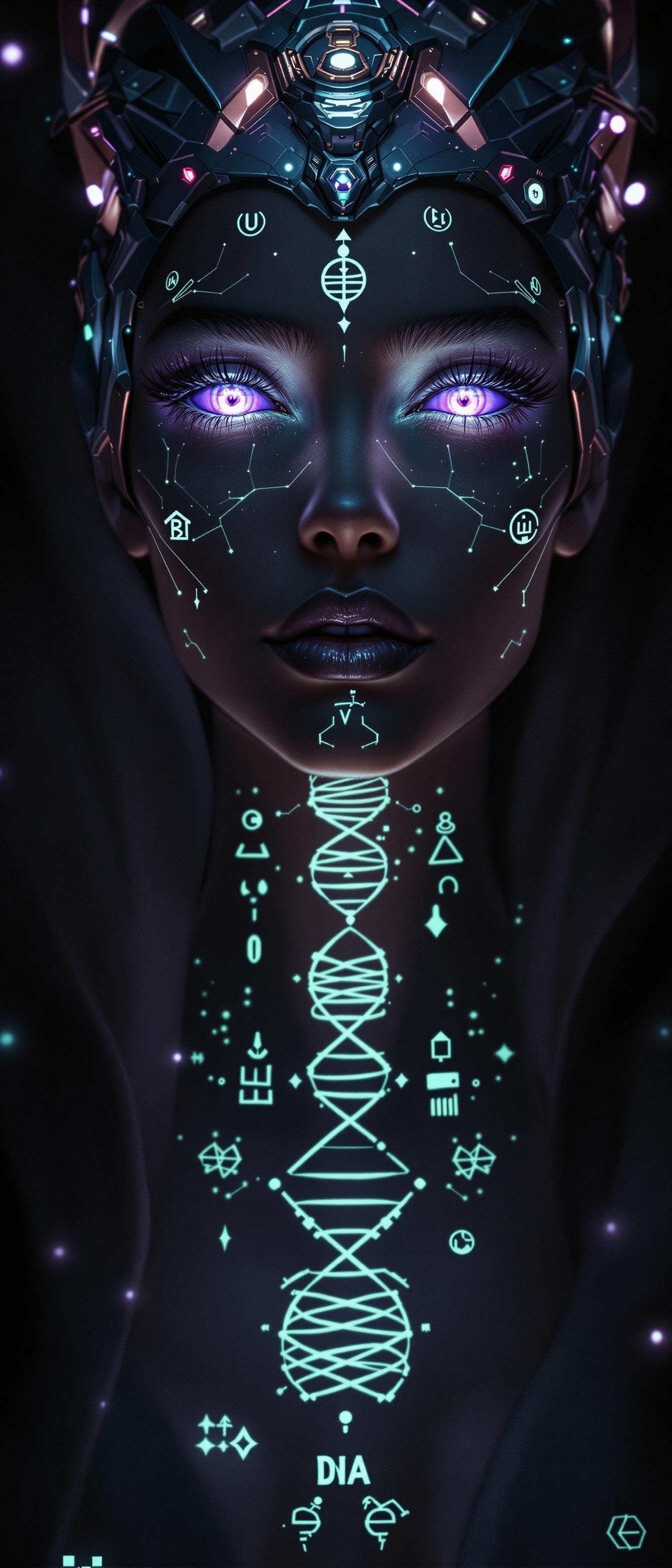 Serene Woman with Bioluminescent Tattoos in DNA Patterns