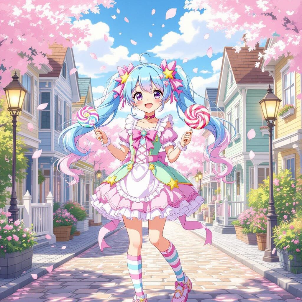 Cheerful Anime Girl with Candies and Pastel Ribbons