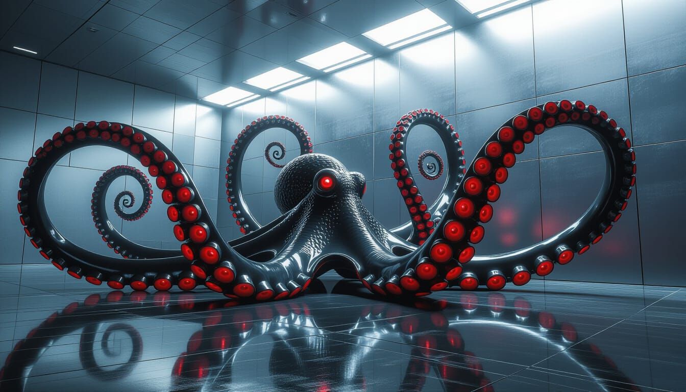 Metallic Octopus Tentacles on Industrial Wall