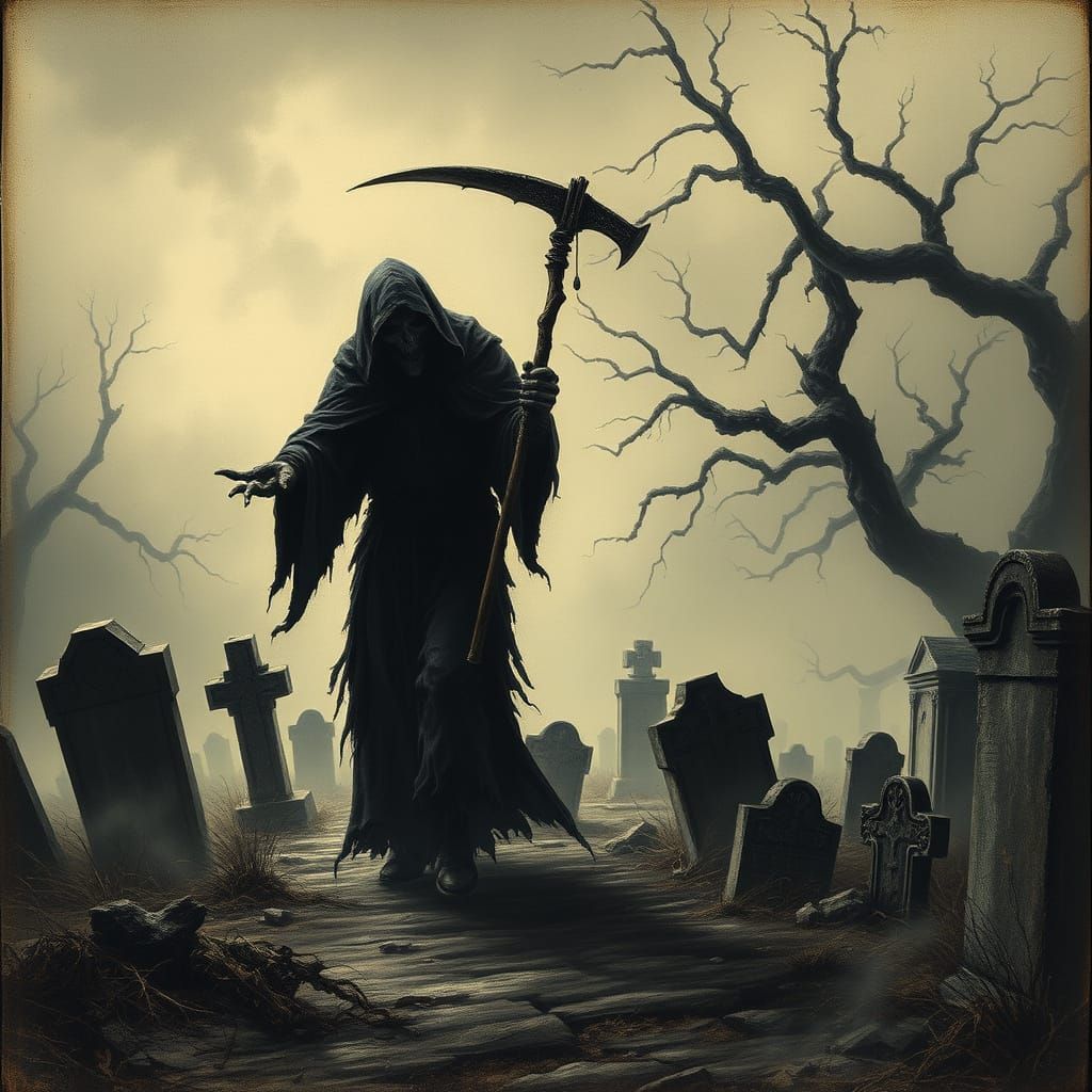 Grim Reaper in Misty Cemetery, Horror Illustration