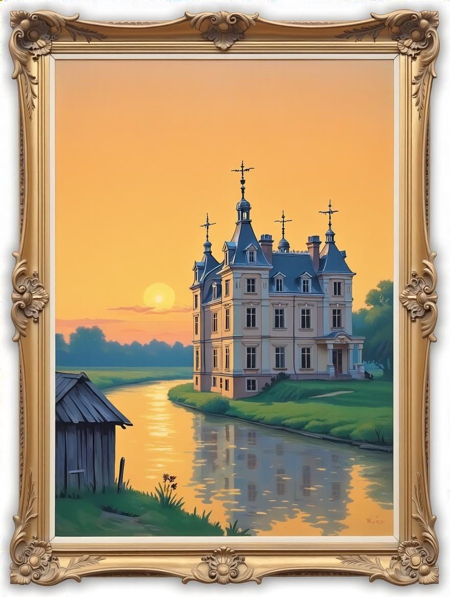 Vintage Manor Landscape in Warm Sunset Light