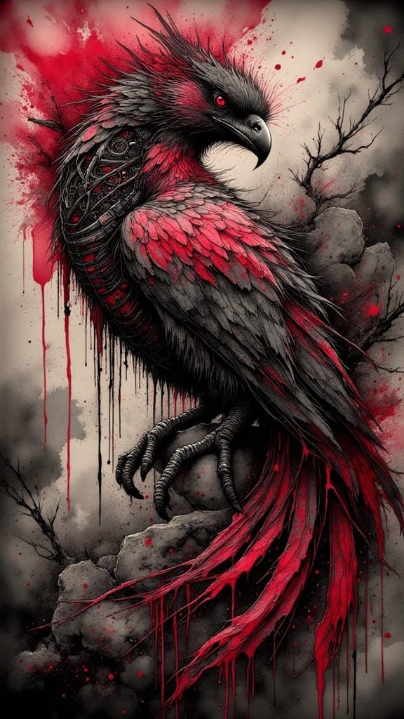 Cyberpunk Phoenix Tattoo in Trash Polka Style