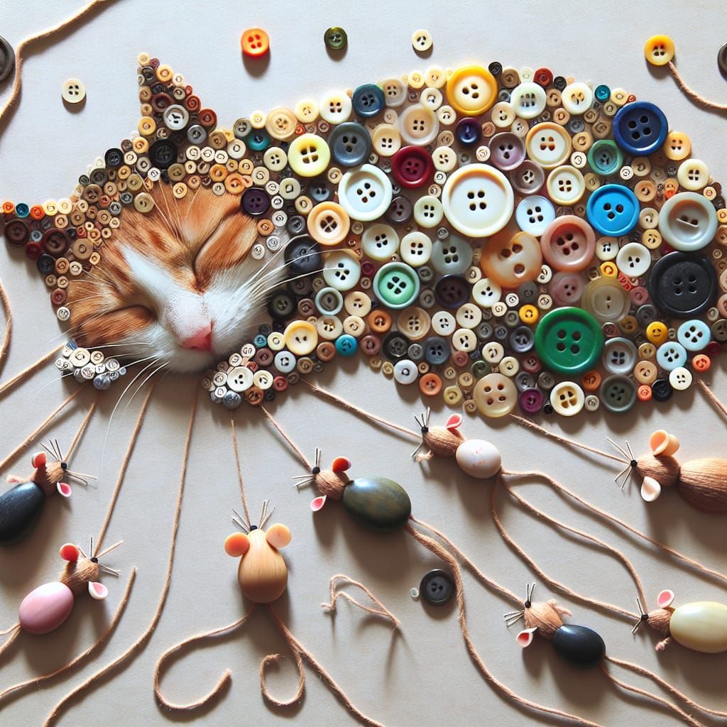 Button Art: Cat Nap Interrupted by Button Mice