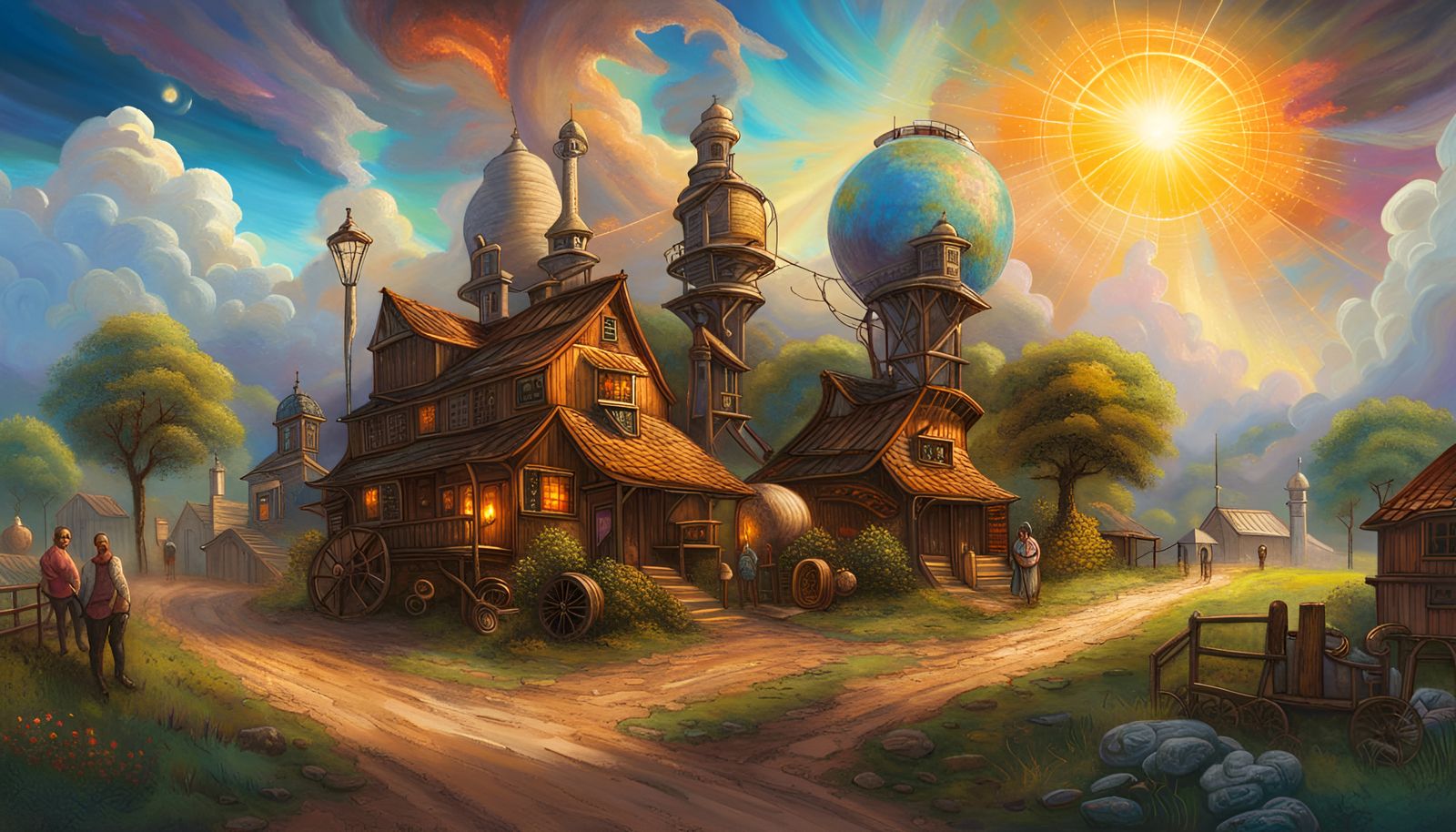 Countryside Village: Oil Painting with Steampunk Elements