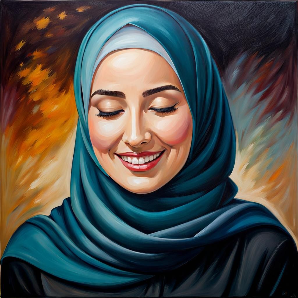 Smiling Hijabi Woman with Closed Eyes in Oil Painting