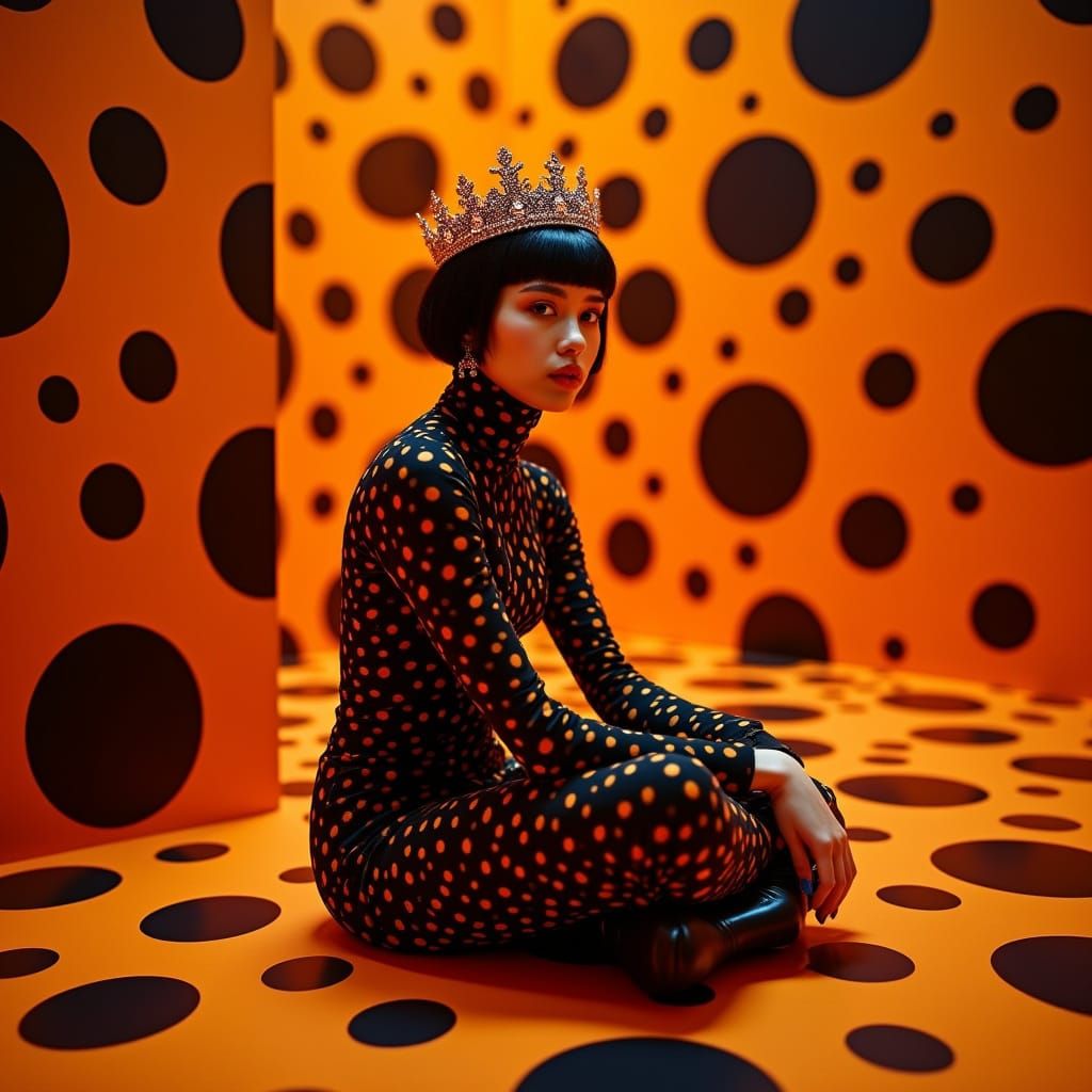 Polka Dot Jumpsuit in a Dreamlike Room