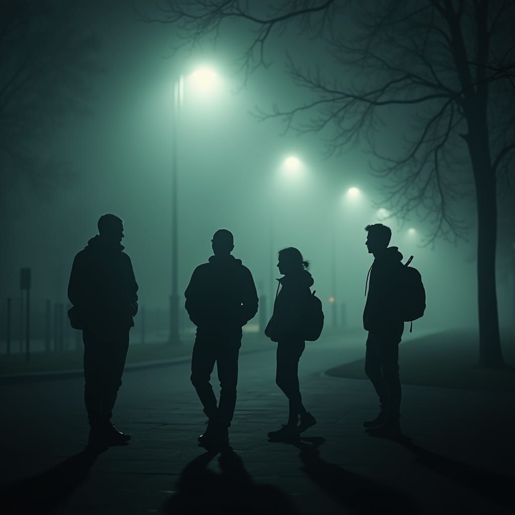 Teenagers Silhouetted in Foggy Park at Night