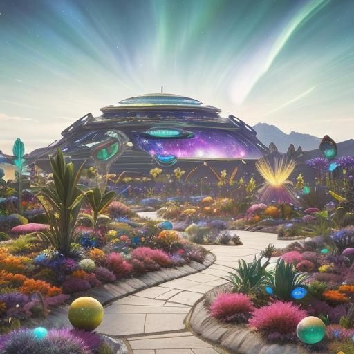 Sci-Fi Alien Zen Garden with Cosmic Sky