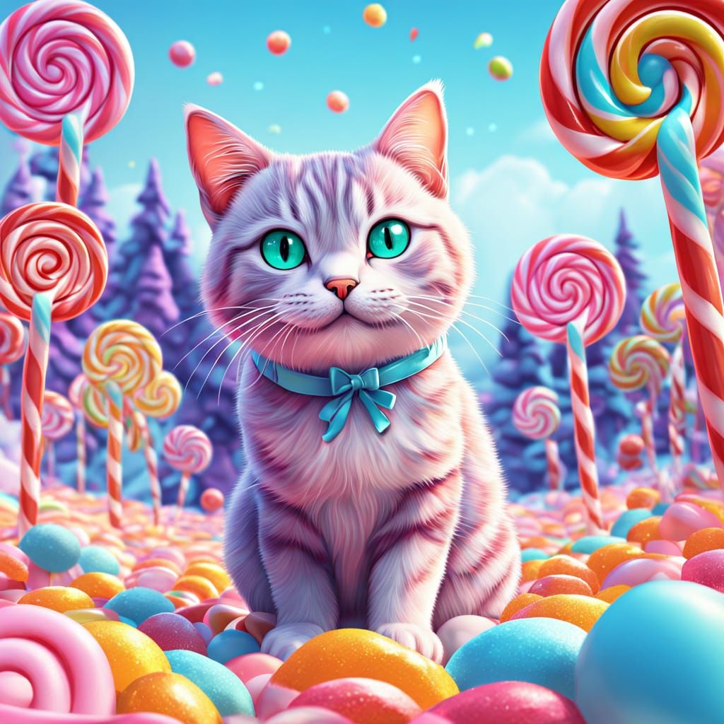 Enchanted Cat Witch in a Whimsical Candy Kingdom