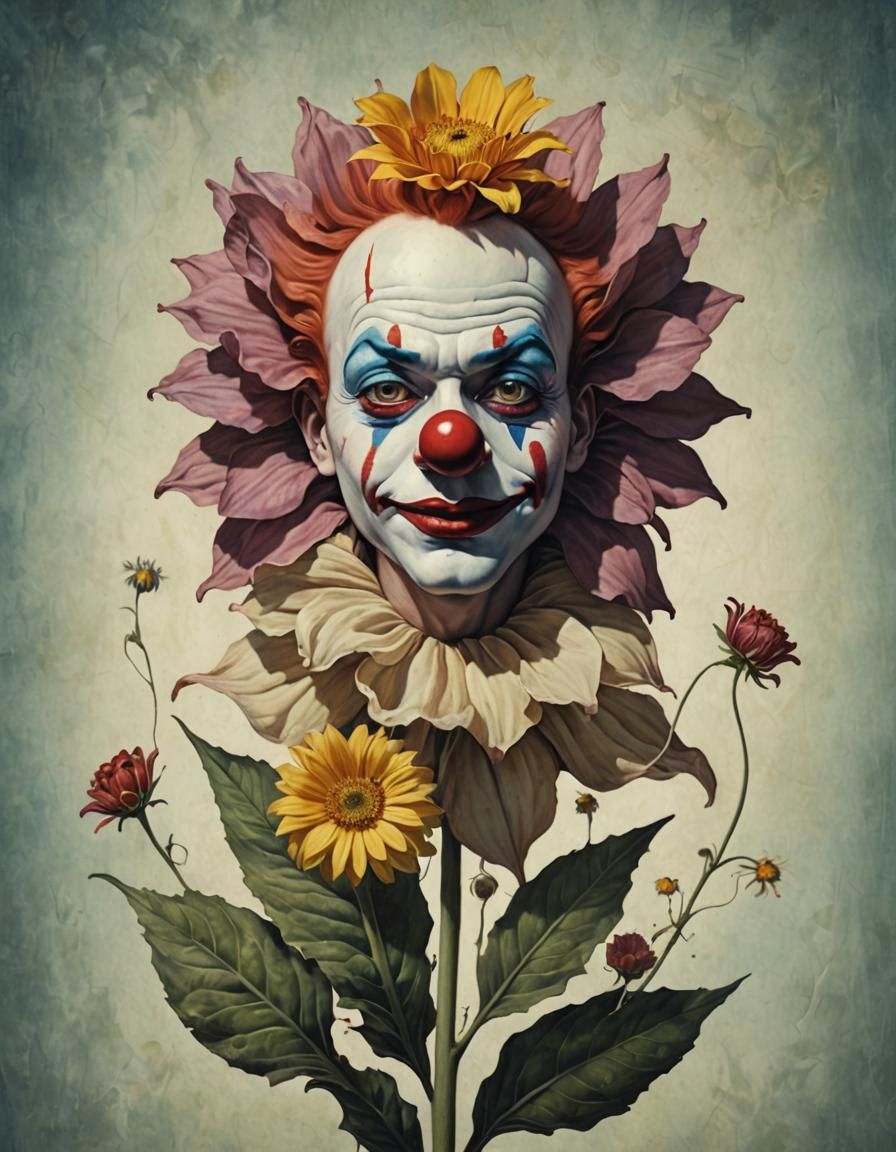 Clown Hidden Inside Flower, Surreal Fantasy Art