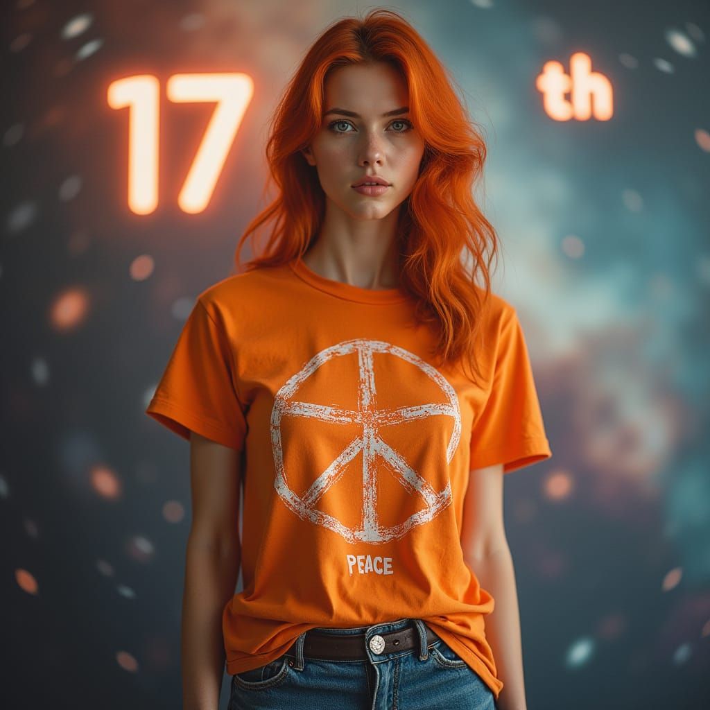 Peaceful Woman in Denim, Hyperrealistic Nebula Background