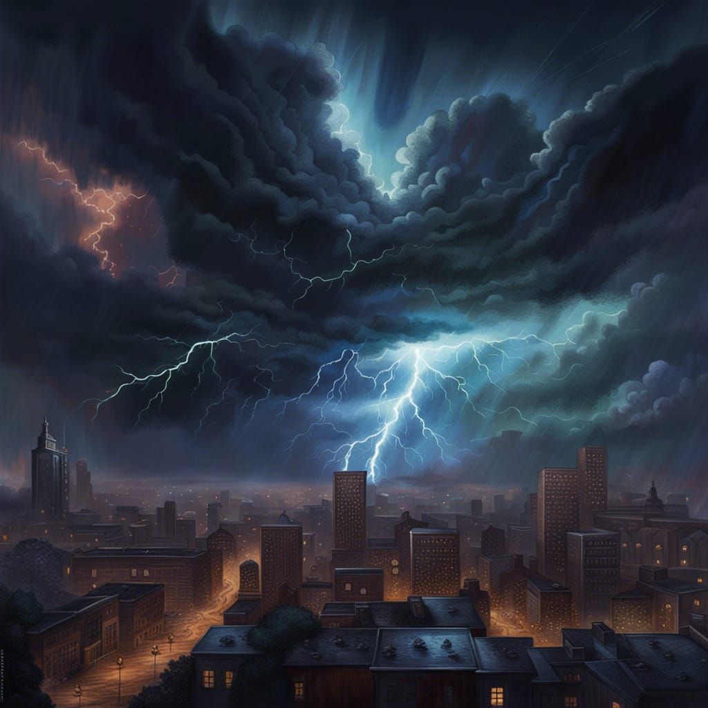 Thunderstorm Over Cityscape: Detailed Matte Oil Painting