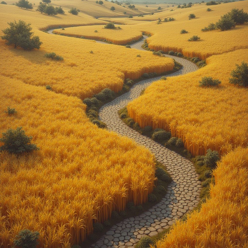 Hexagonal Game Tile with Golden Wheat and Brick Roads in Rus...