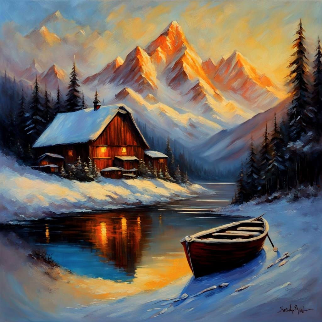 Winter Sunset Over Alpine Lake with Rowboat and Huts