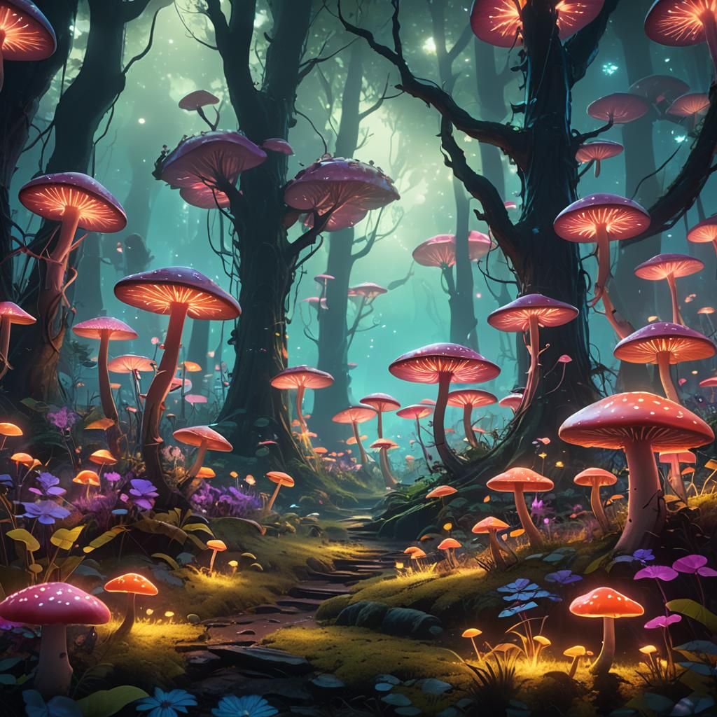 Mystical Forest with Glowing Flora, Dreamworks Animation Sty...