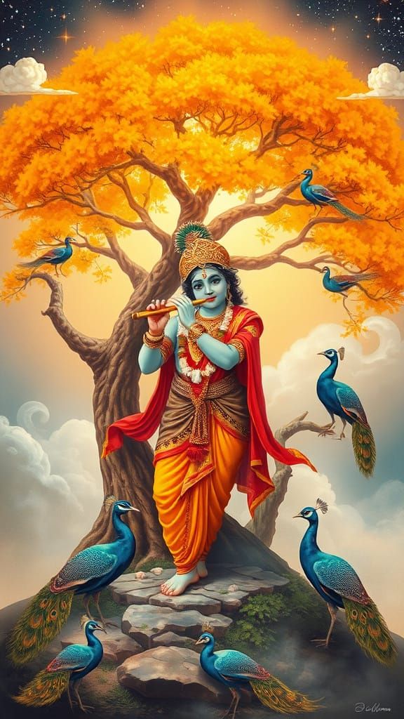 Krishna's Flute: Divine Indian Art in Golden Light