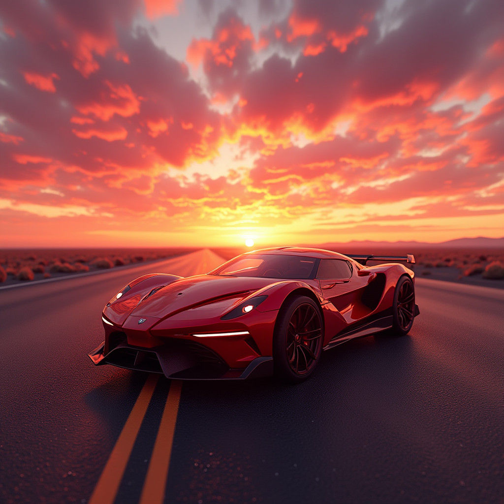 Red Car Rides into Anime Sunset in 8k