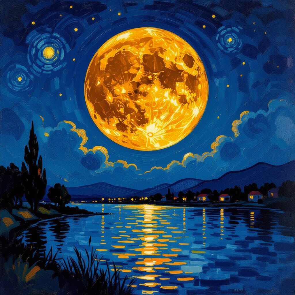 Orange Full Moon in Dreamy Impressionistic Night