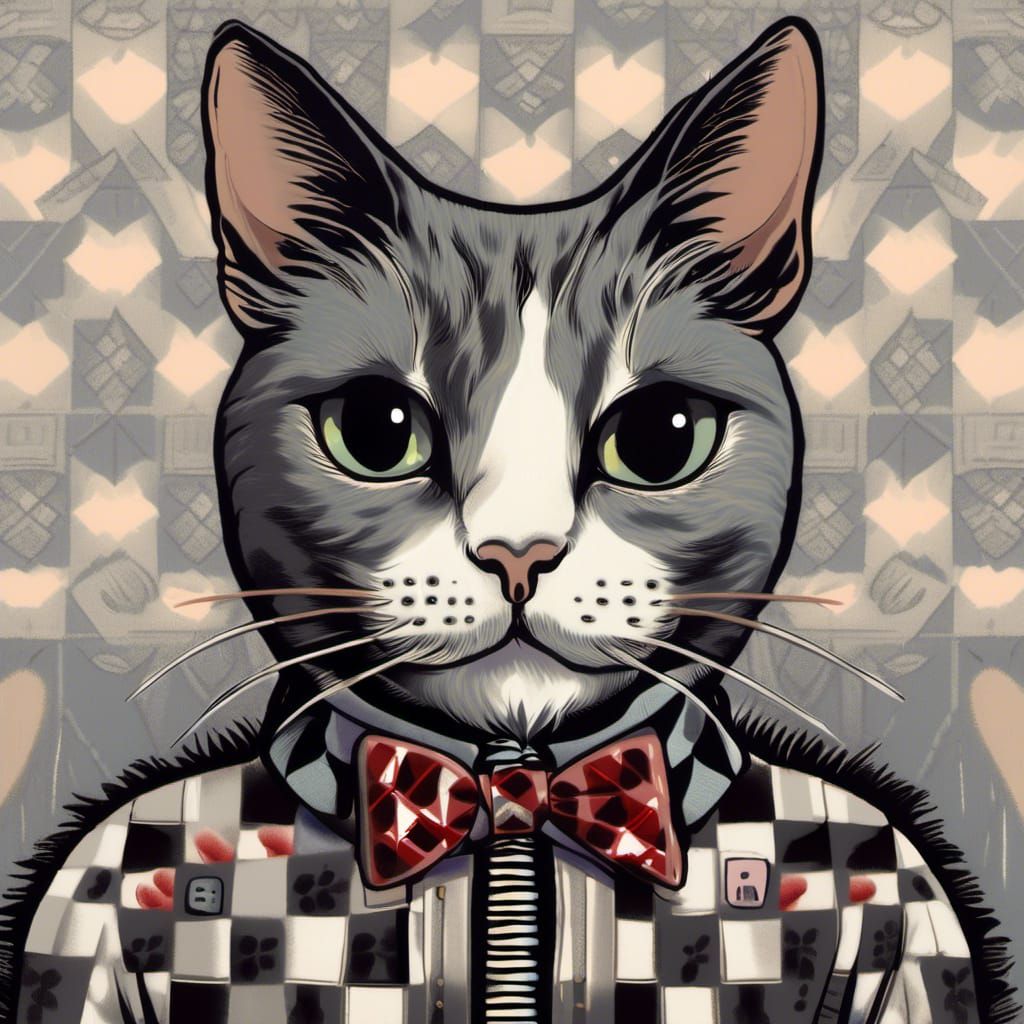 Checkered Jacket Cat with Button Eyes