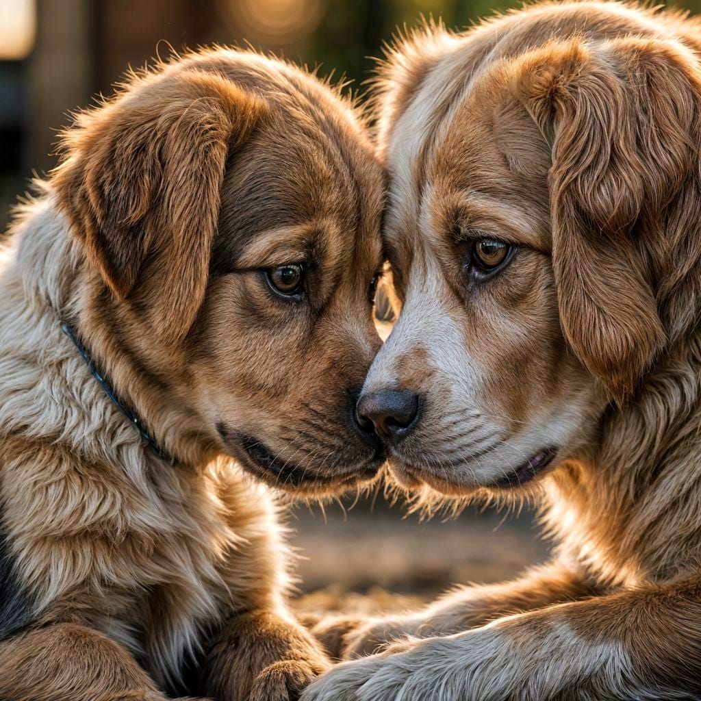 Dog and Puppy Touching Noses in Cinematic Lighting