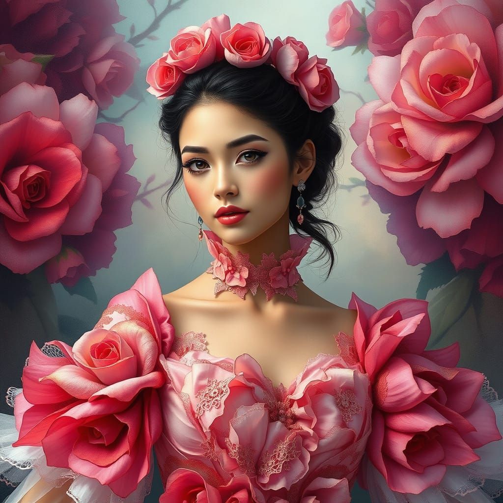 Rose Gown Portrait in Dreamlike Watercolor Style