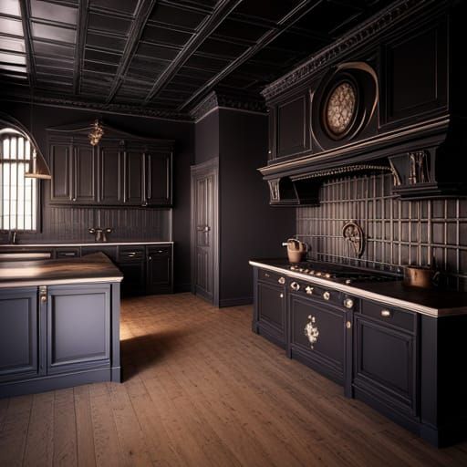 Gothic Black Kitchen in Detailed Matte Painting Style