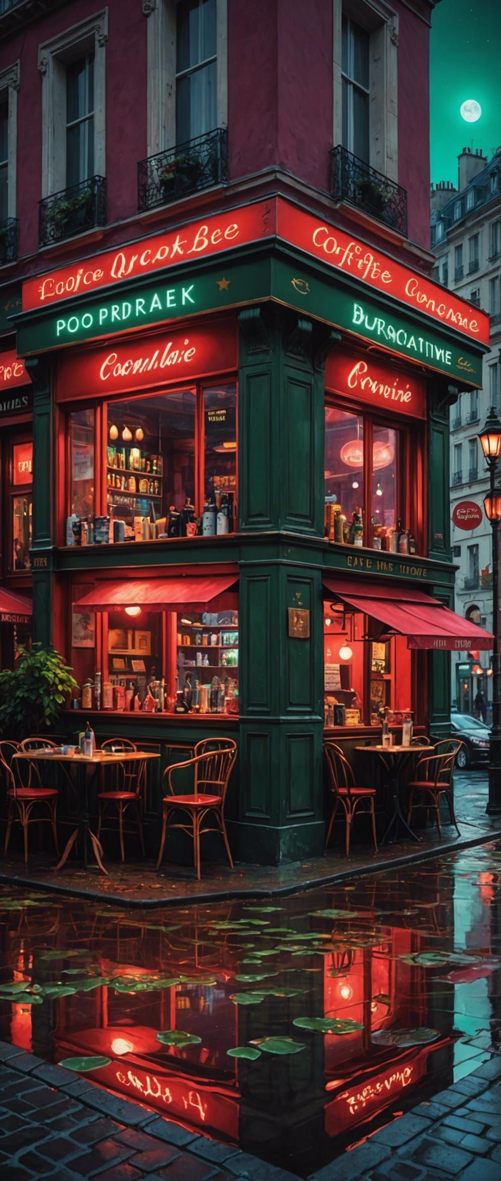 Nighttime Coffee Shop Scene in Maximalist Style