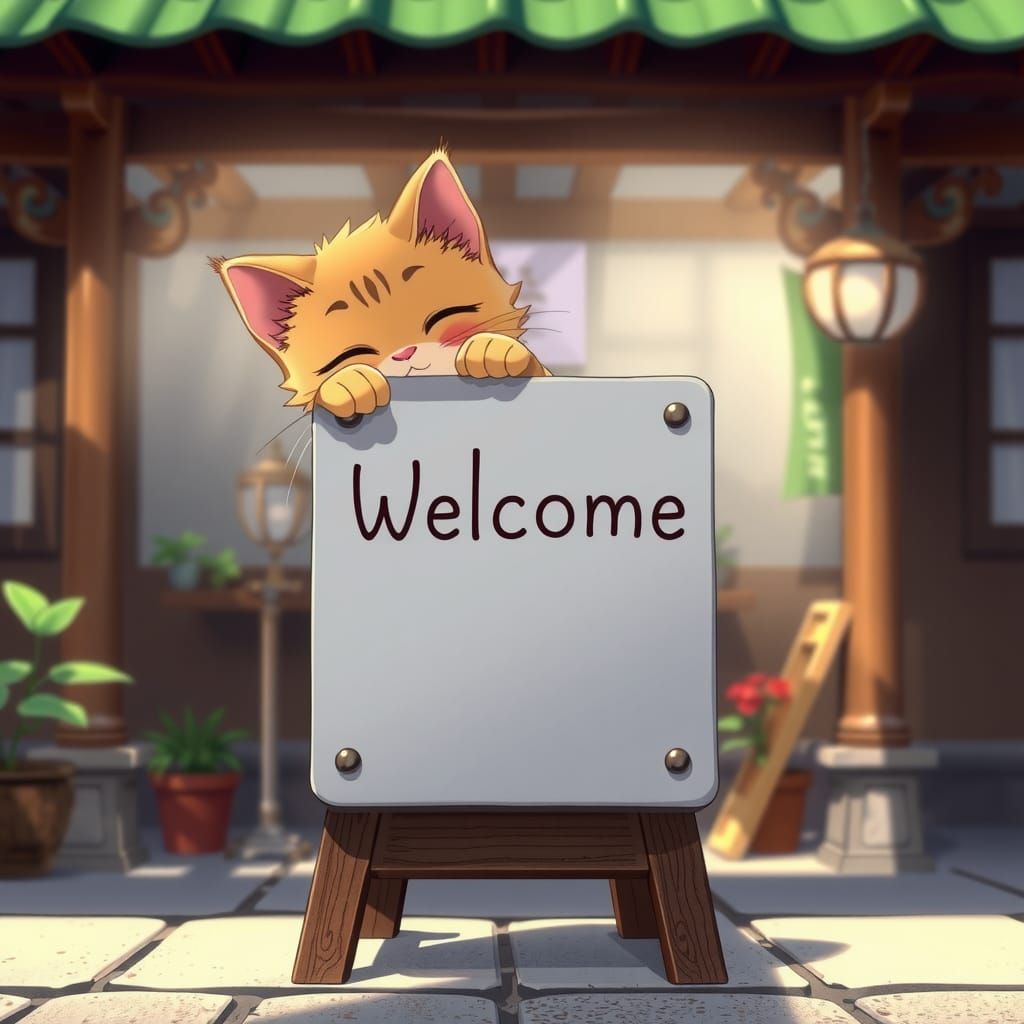 Orange Kitten Climbing Welcome Sign: Ghibli-esque Anime