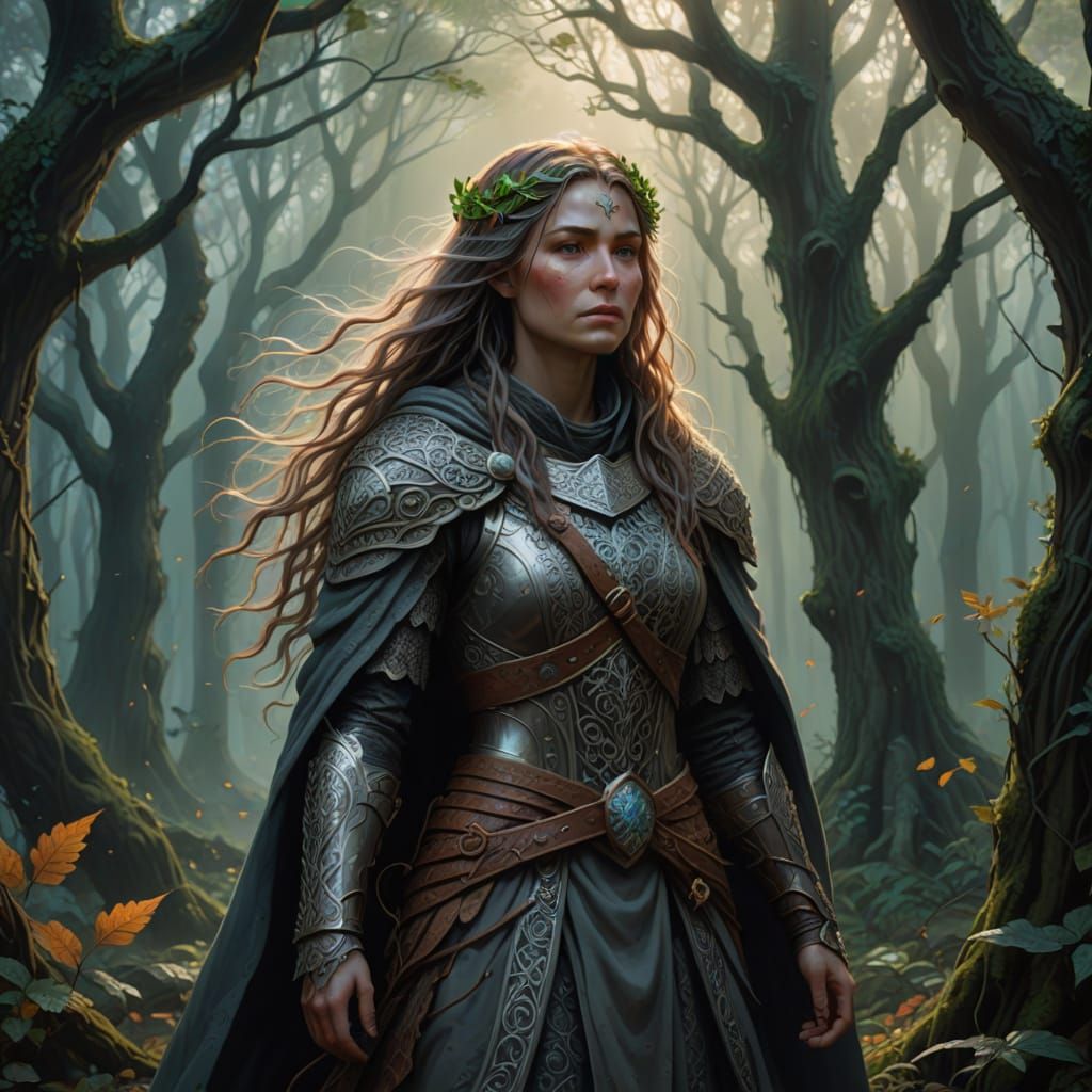 Mystical Female Druid in Enchanted Forest