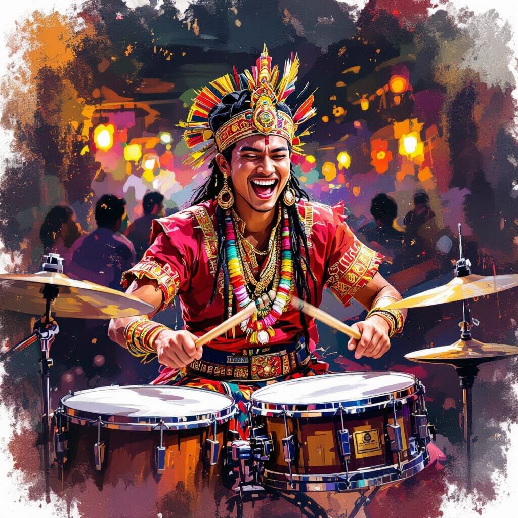 Indonesian Drummer in Vibrant Nightlife, Expressive Style