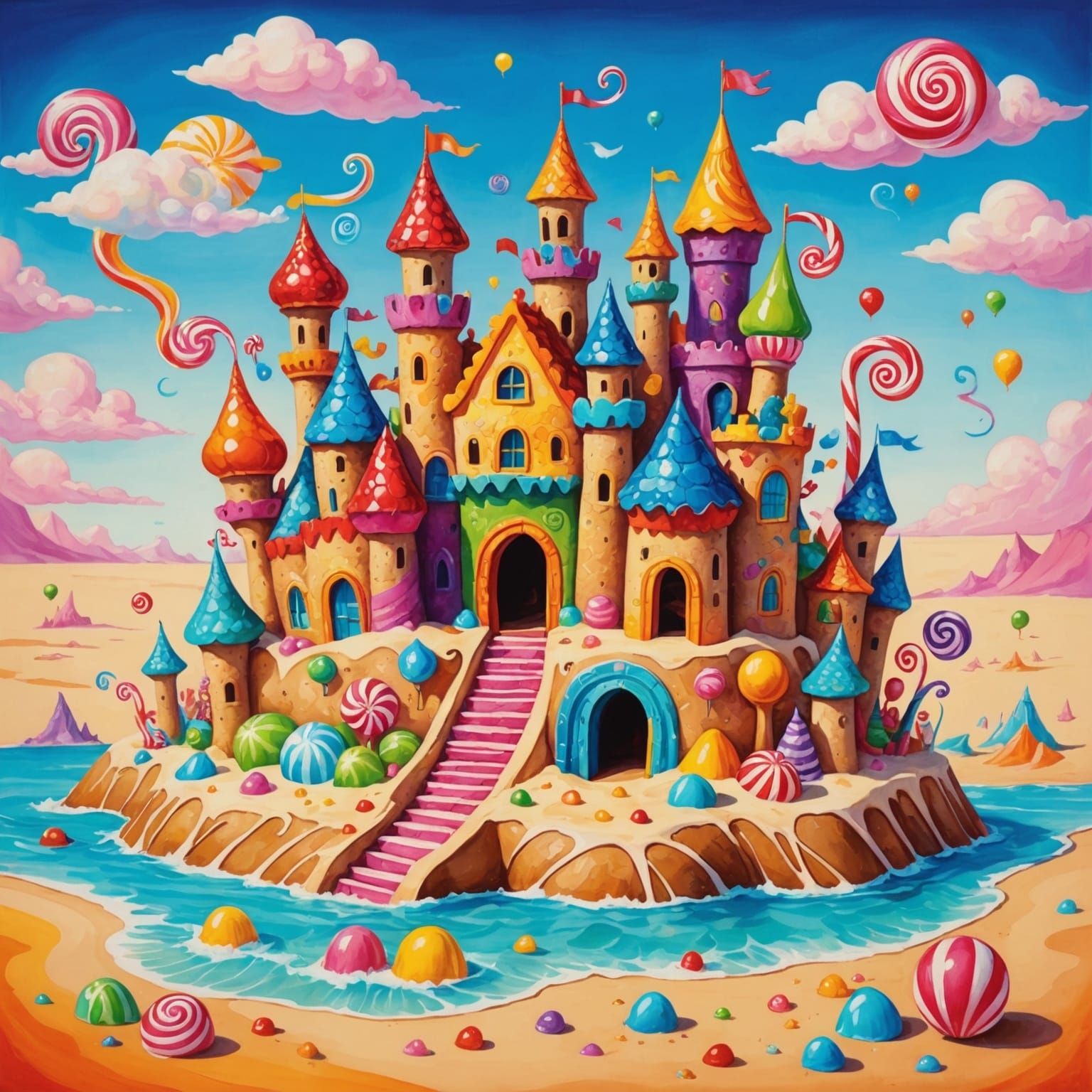 Vibrant Sandcastles and Glass Cat in Candyland