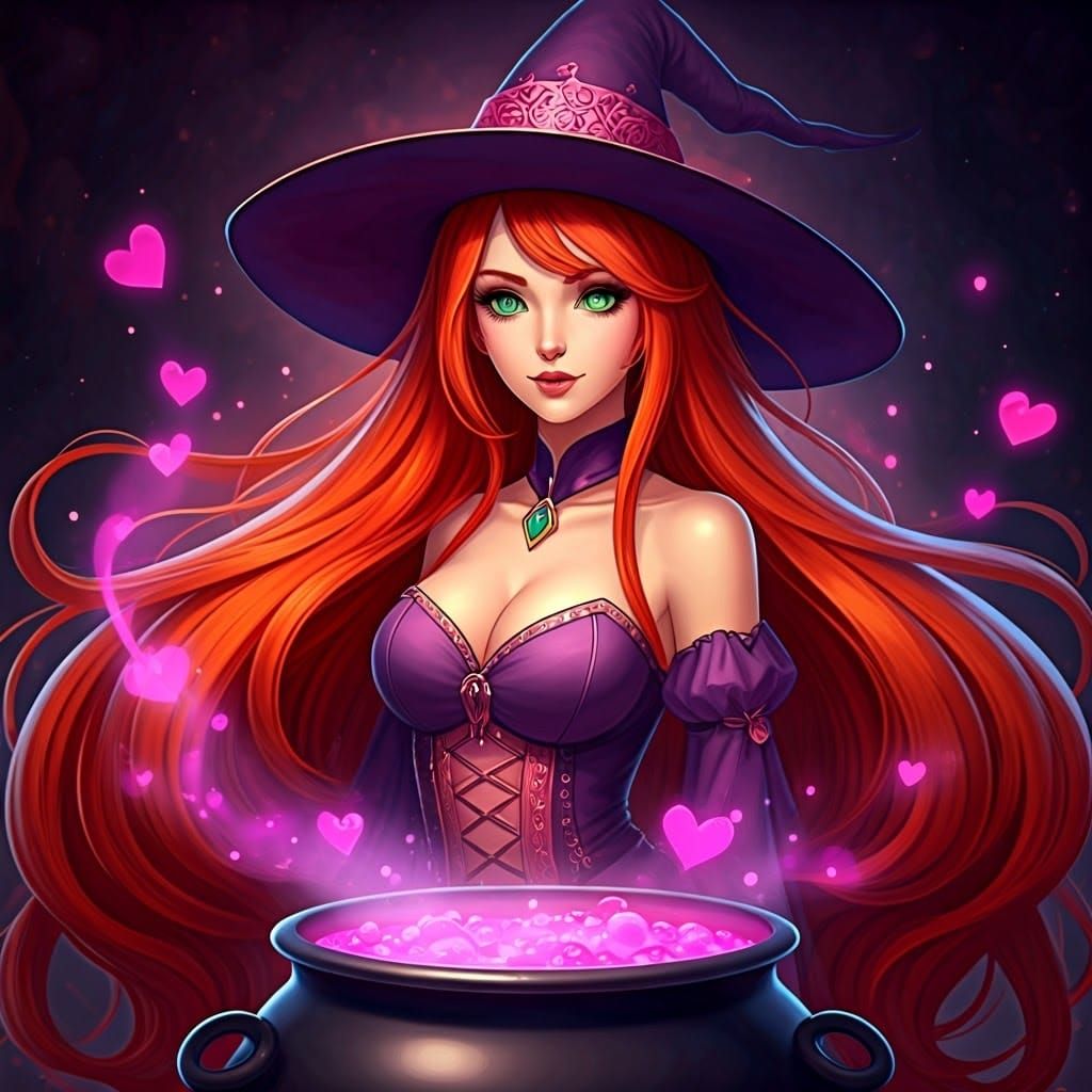 Anime Witch with Cauldron and Magical Sparks