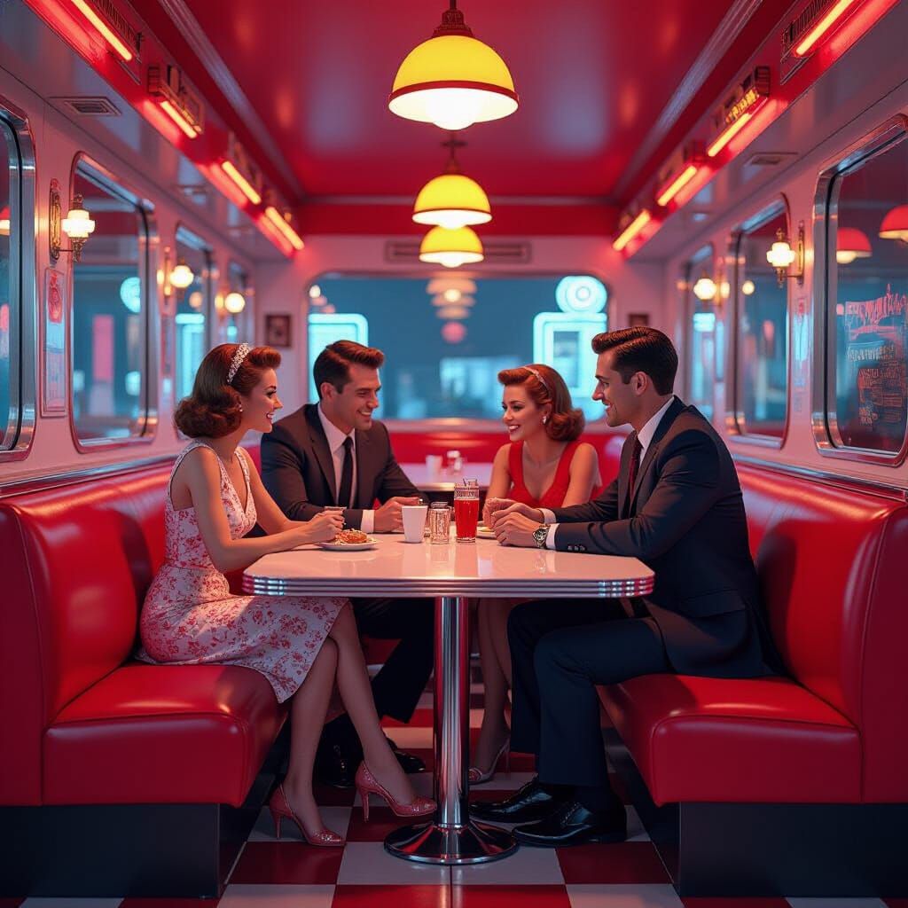 Family Dinner in a Retro Diner, Matte Painting