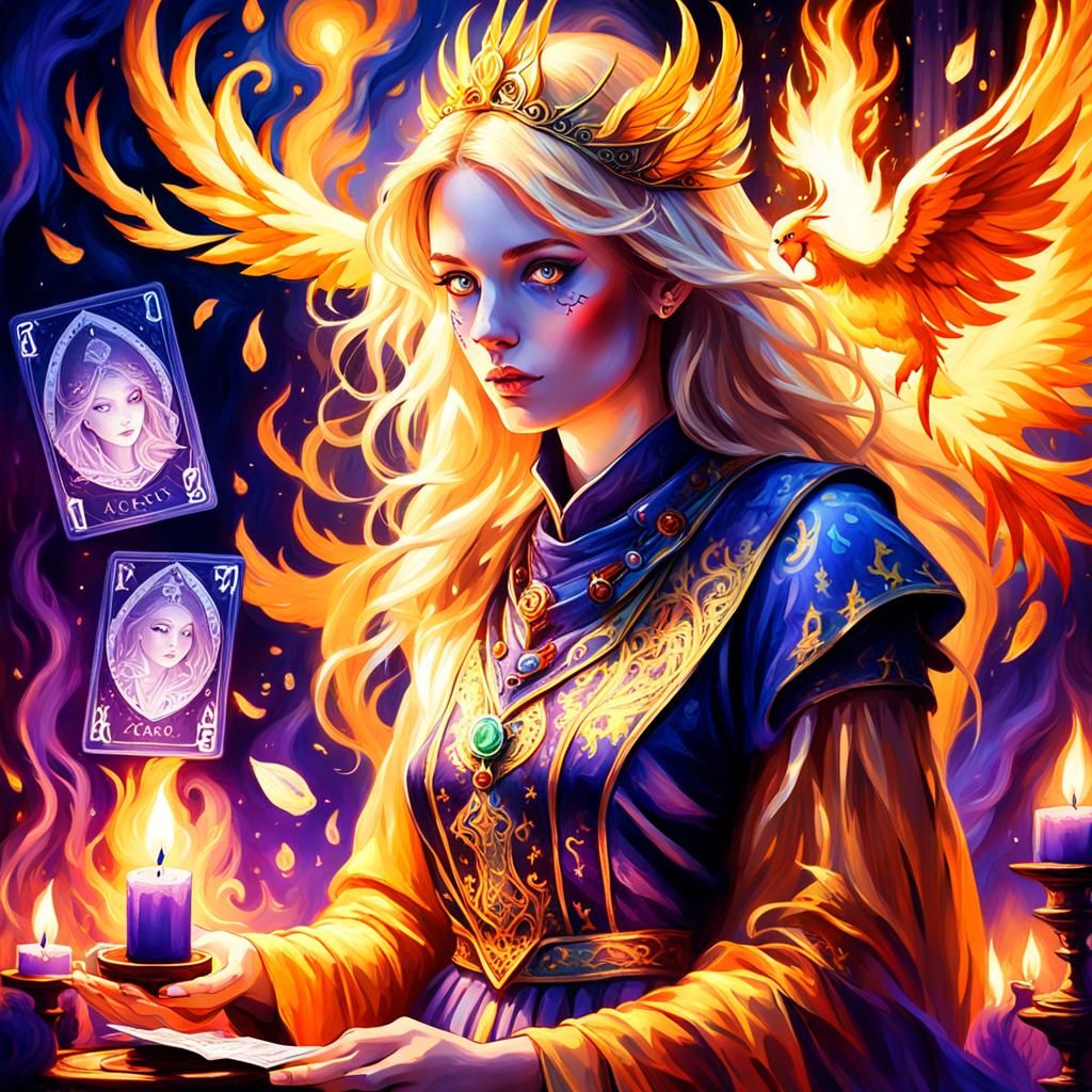 Mystical Tarot Reader in Candle-Lit Chamber