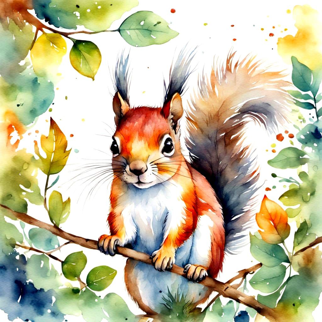 Watercolor Squirrel Close-Up in Foliage