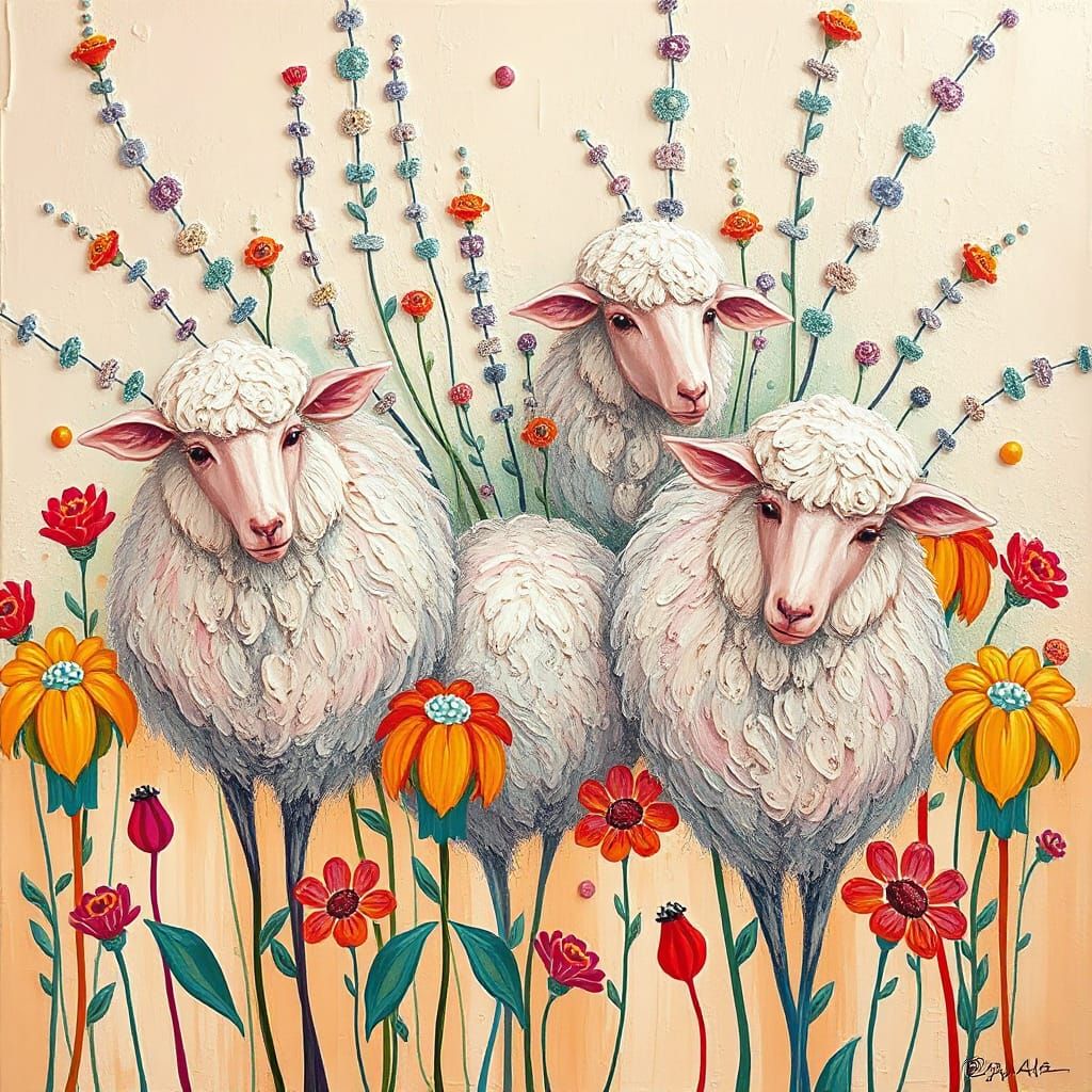 Vibrant Floral Landscape with Pastel Sheep