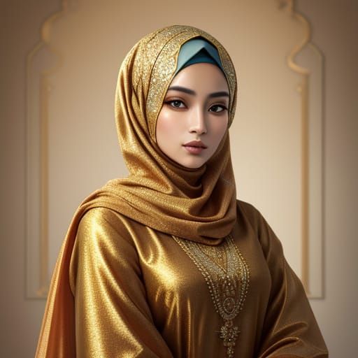Woman in Gold-Shot Apricot Chiffon Hijab: Oil Painting
