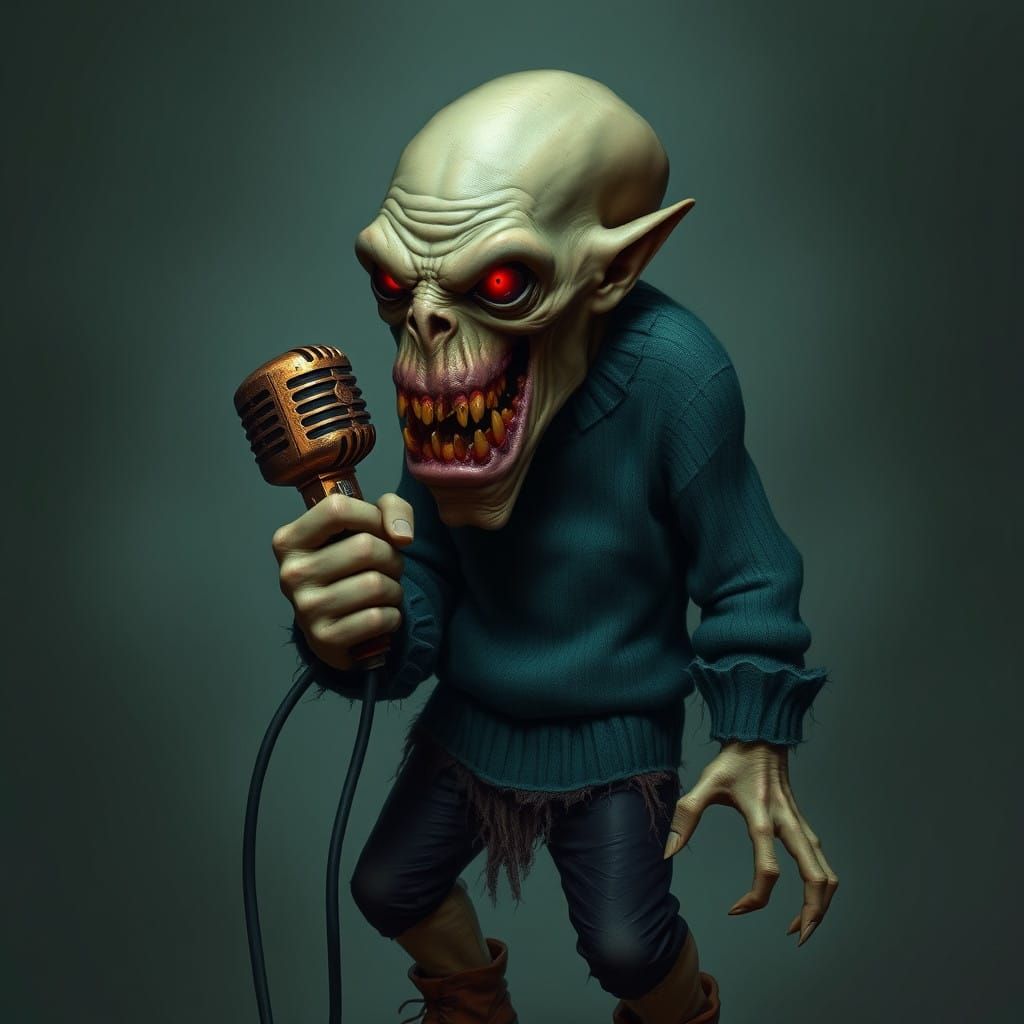 Grotesque Emerald Humanoid with Red Eyes and Rusted Mic
