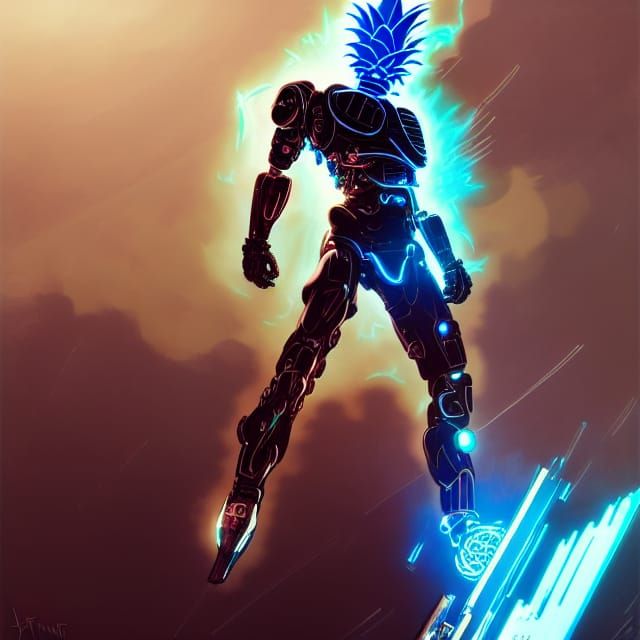 Cyberpunk Pineapple Cyborg Descending with Guitar